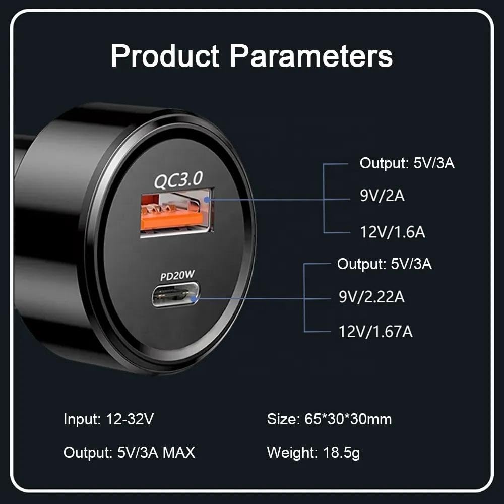 TECNOLOGIA 38W Dual Output Car Charger | PD 20W + QC 3.0 Fast Charging | Type-C & USB Compatible