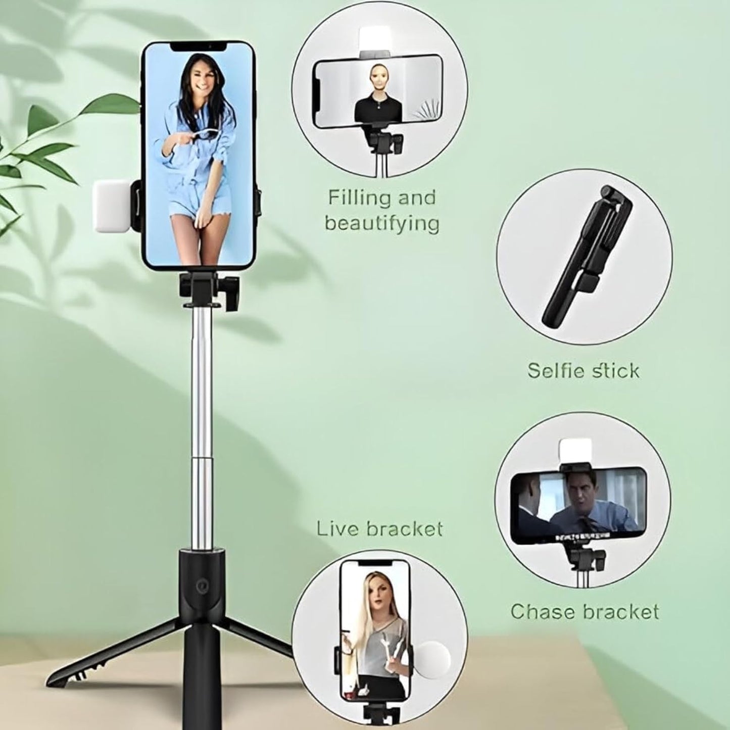 TECNOLOGIA R1S-L 3-in-1 Tripod Selfie Stick with Mini LED Fill Light, BT Remote & 67-Inch Extendable Stand