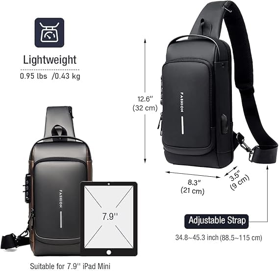 TECNOLOGIA Men’s Sling Bag with USB Charging Port | Anti-Theft Crossbody Chest Bag, Water-Resistant Travel & Daily Use