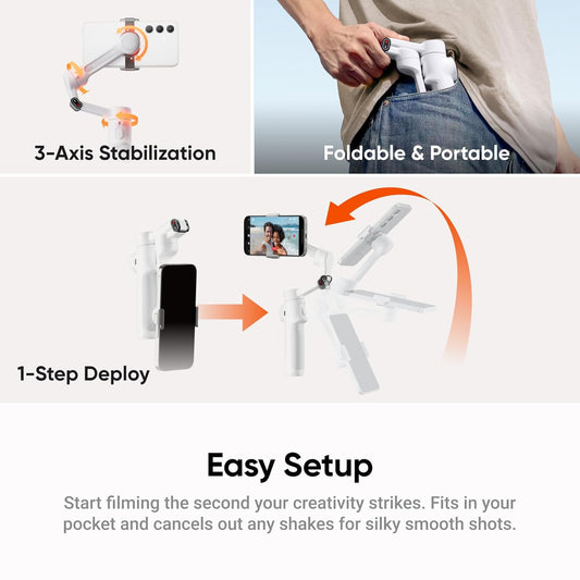 TECNOLOGIA 3-Axis Smartphone Gimbal - Foldable Handheld Vlogging Stabilizer with AI Tracking Feature & 4 Creative Operation Modes for Android & iOS - Smooth Videography
