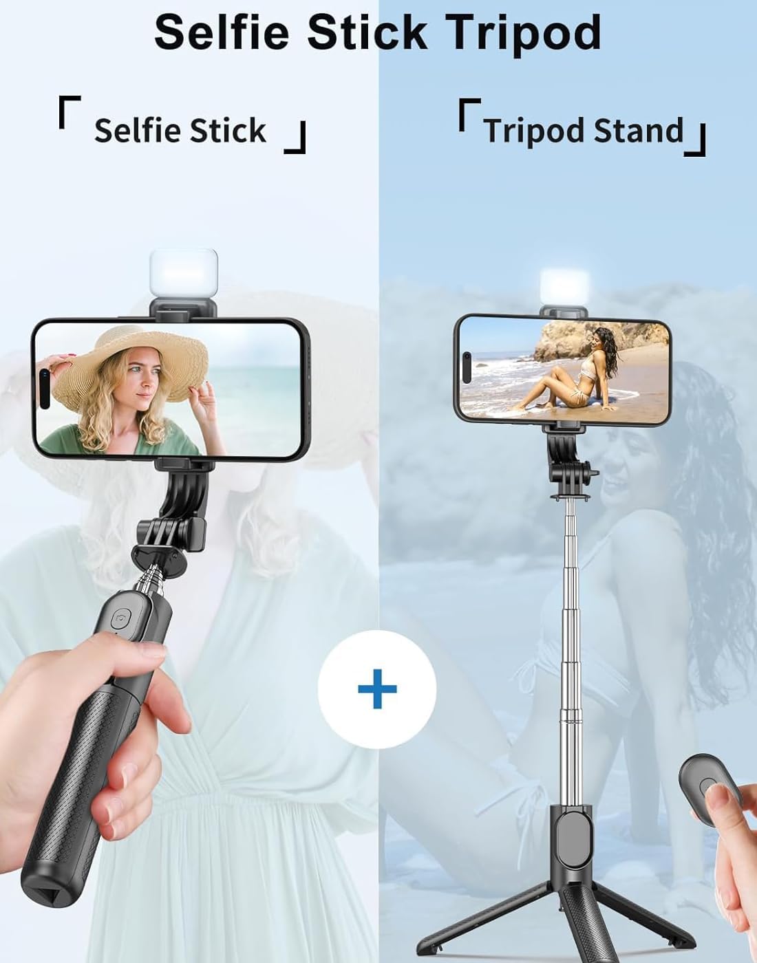 TECNOLOGIA R1S Extendable Selfie Stick with Bluetooth Remote, Tripod & Rechargeable LED Light (70cm)