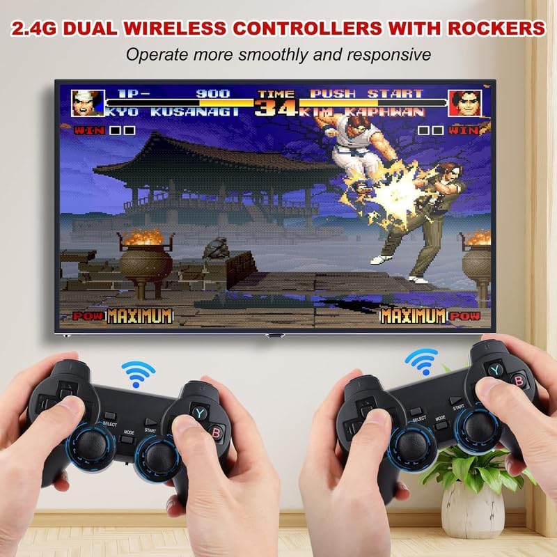 TECNOLOGIA 2.4 Wireless TV Video Game Set for 2 Players with 9Emulator | 20,000+ Built-in Retro Games | Wireless Game Console with Dual Controllers | for Kids & Old School Station Gaming Fans, Black