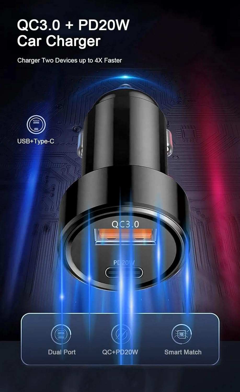 TECNOLOGIA 38W Dual Output Car Charger | PD 20W + QC 3.0 Fast Charging | Type-C & USB Compatible