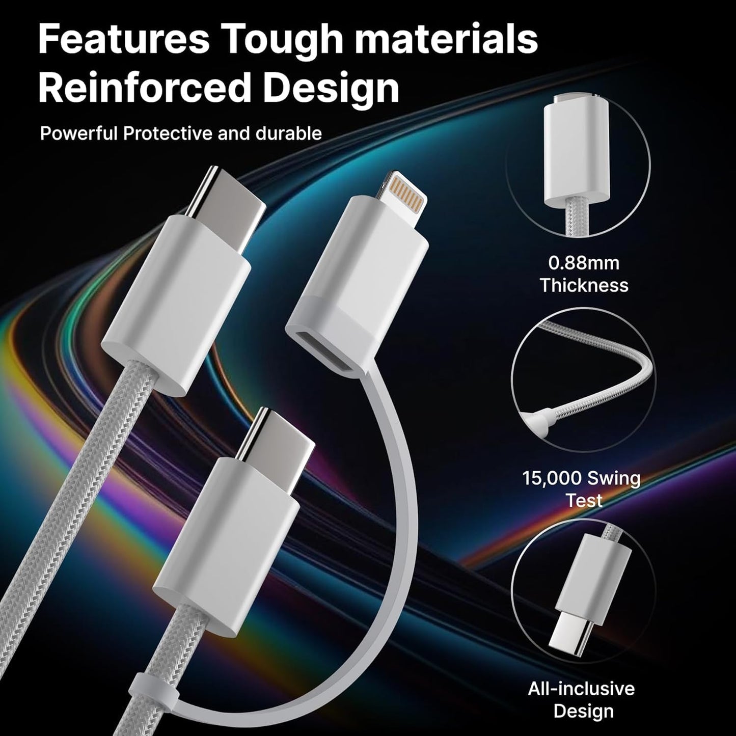 TECNOLOGIA 60W 2-in-1 USB-C to iPhone & Type-C Charging Cable | MFi Certified | Fast PD Charging