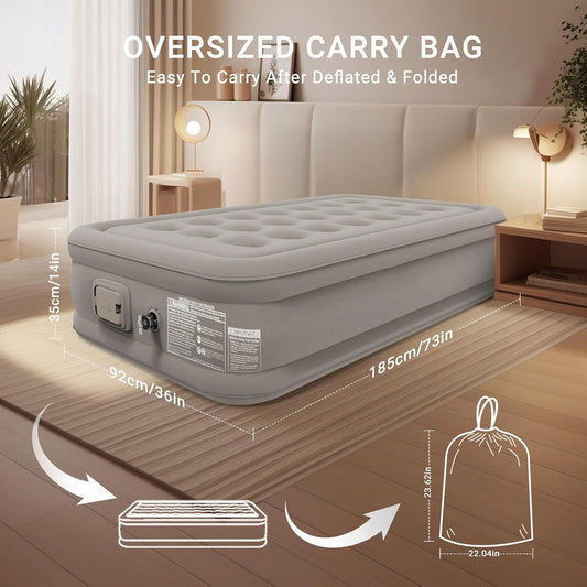 TECNOLOGIA Single Air Bed | Inflatable Mattress with Electric Pump | Quick Self-Inflation & Deflation | Durable Camping & Home Air Bed