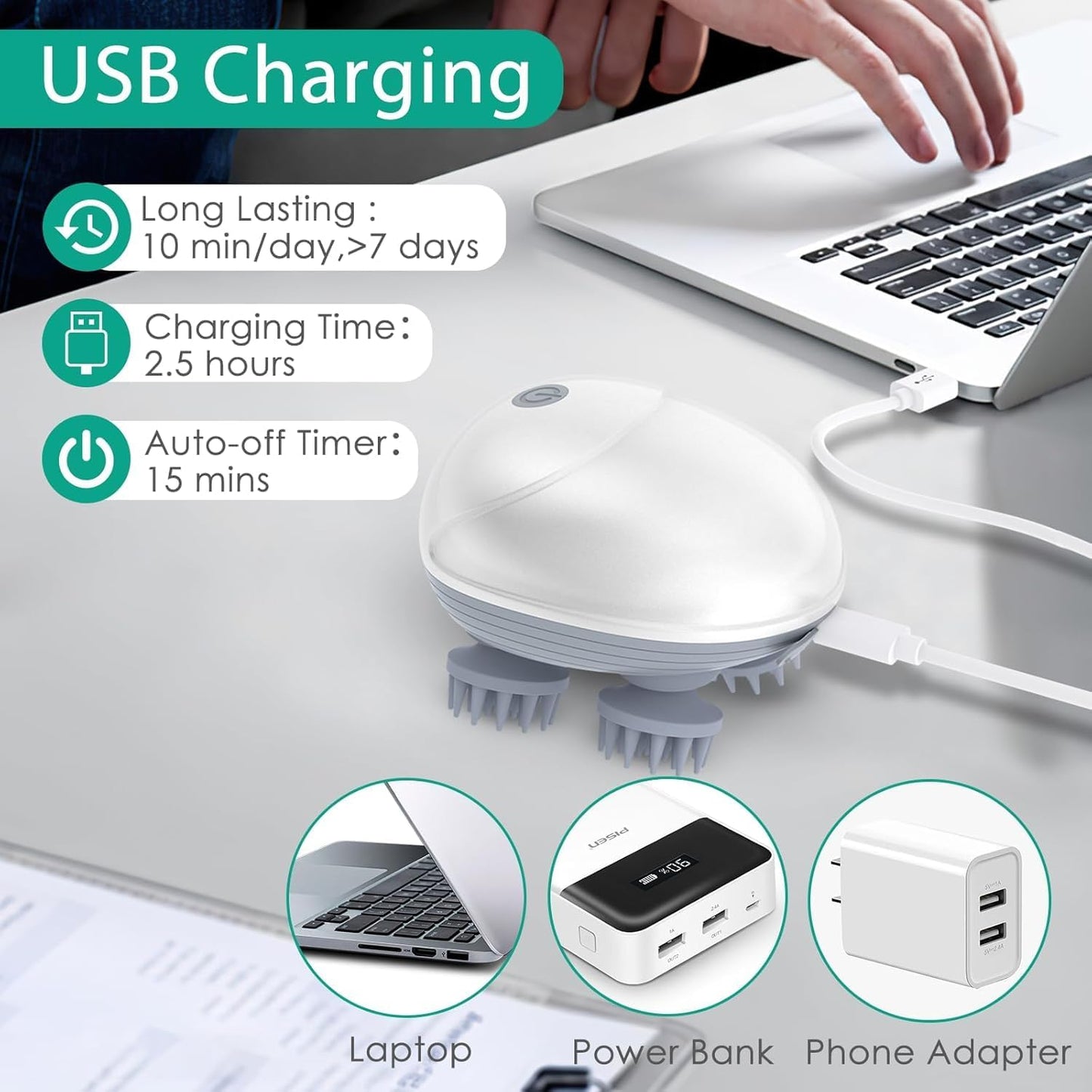 TECNOLOGIA Electric Scalp Massager for Hair Growth | Red Light Therapy, 3-Speed Head Massager, IPX6 Waterproof & USB Rechargeable