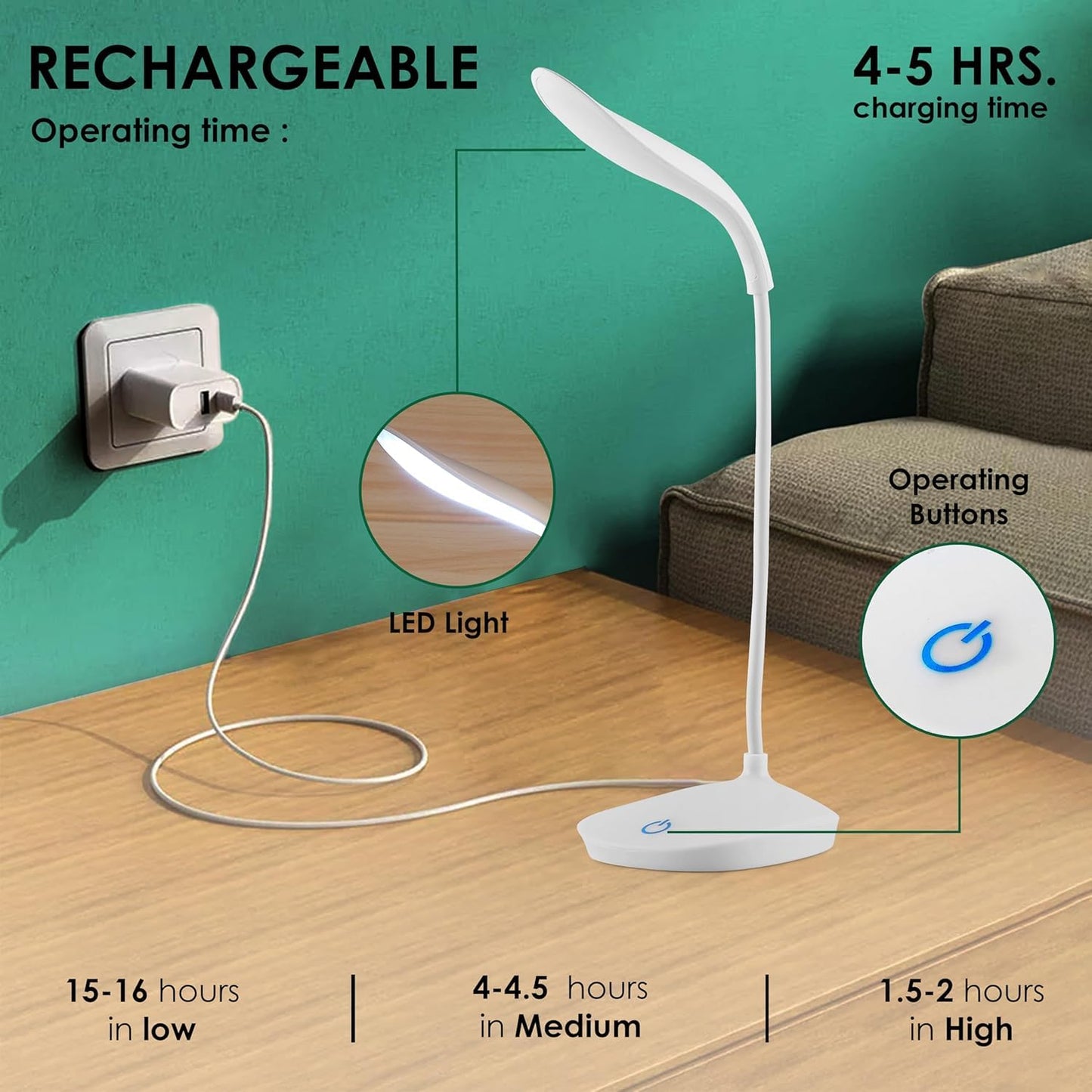 TECNOLOGIA Rechargeable Battery Operated Desk Lamp – 3 Level Brightness Study Table Lamp for Students, Office Table | Gooseneck Reading Light for Work from Home