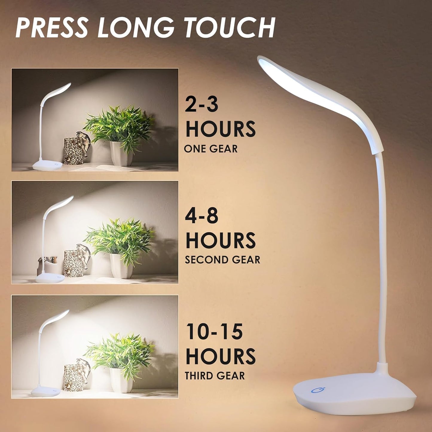 TECNOLOGIA Rechargeable Battery Operated Desk Lamp – 3 Level Brightness Study Table Lamp for Students, Office Table | Gooseneck Reading Light for Work from Home